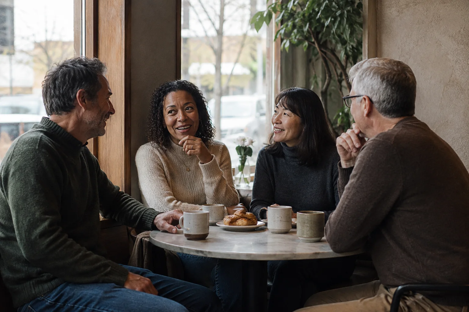 A small group of adults over 40 talking over coffee.