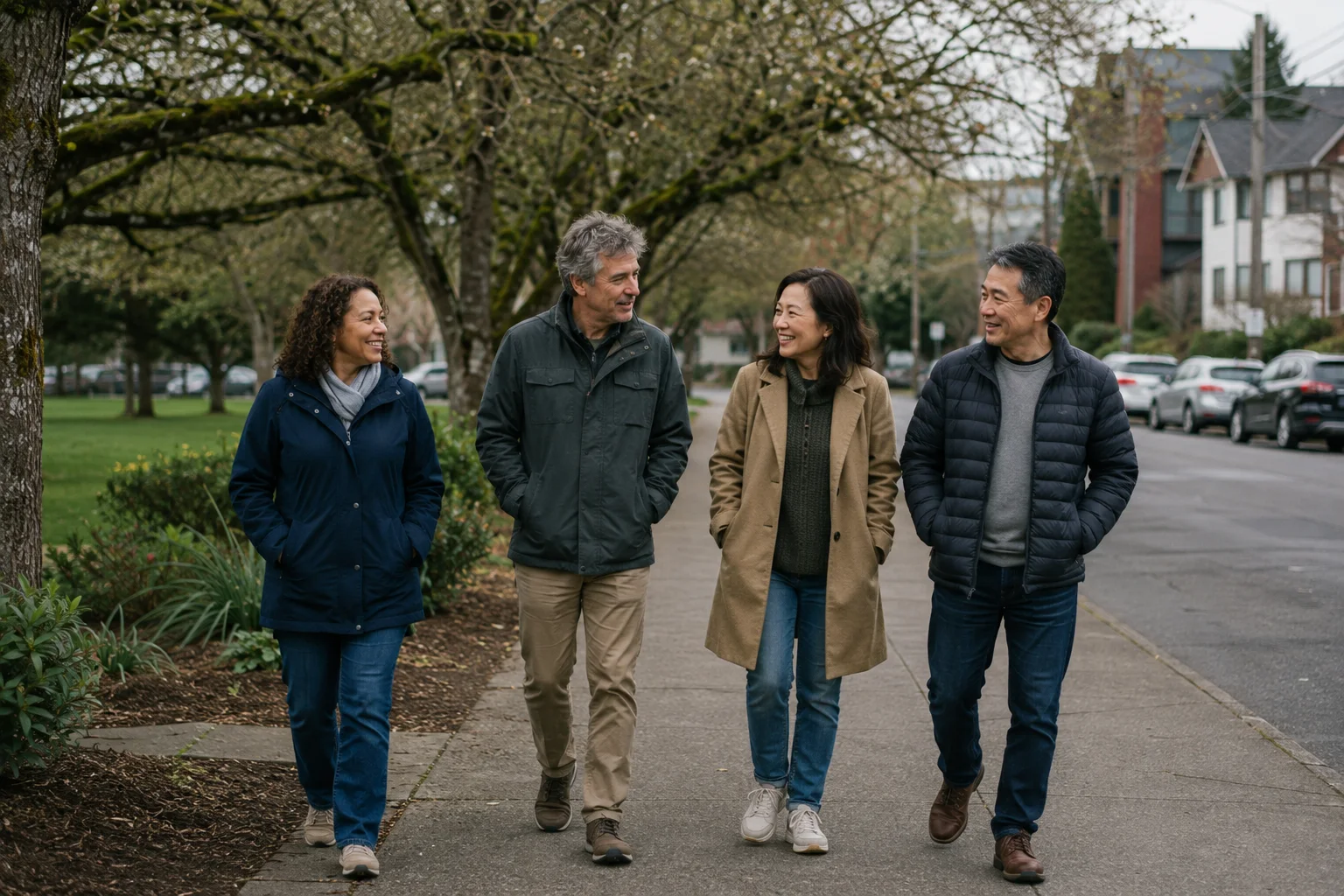 A small group of adults over 40 walking together through a neighborhood.